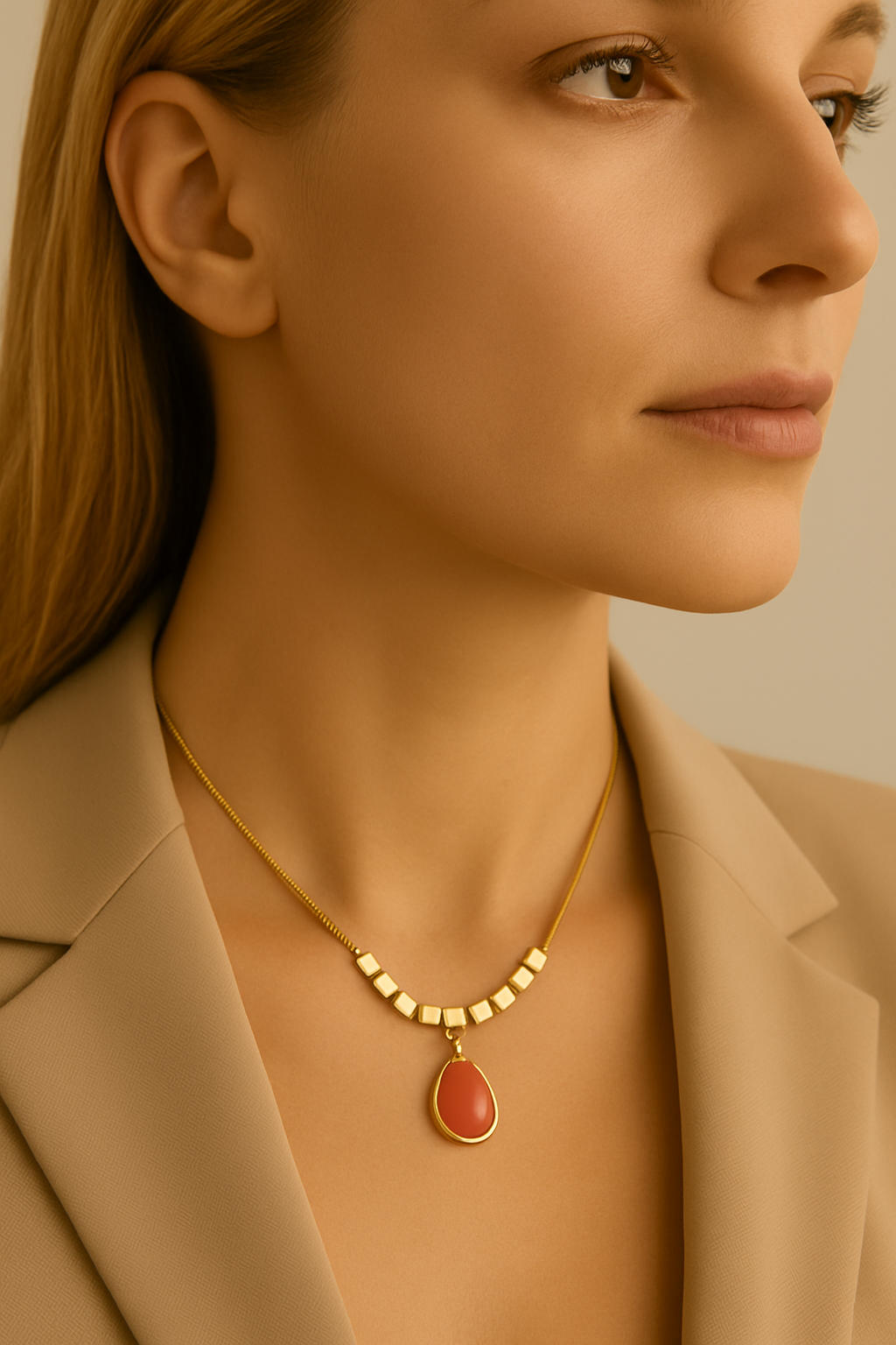Gold Necklace with Pink Stone Pendant