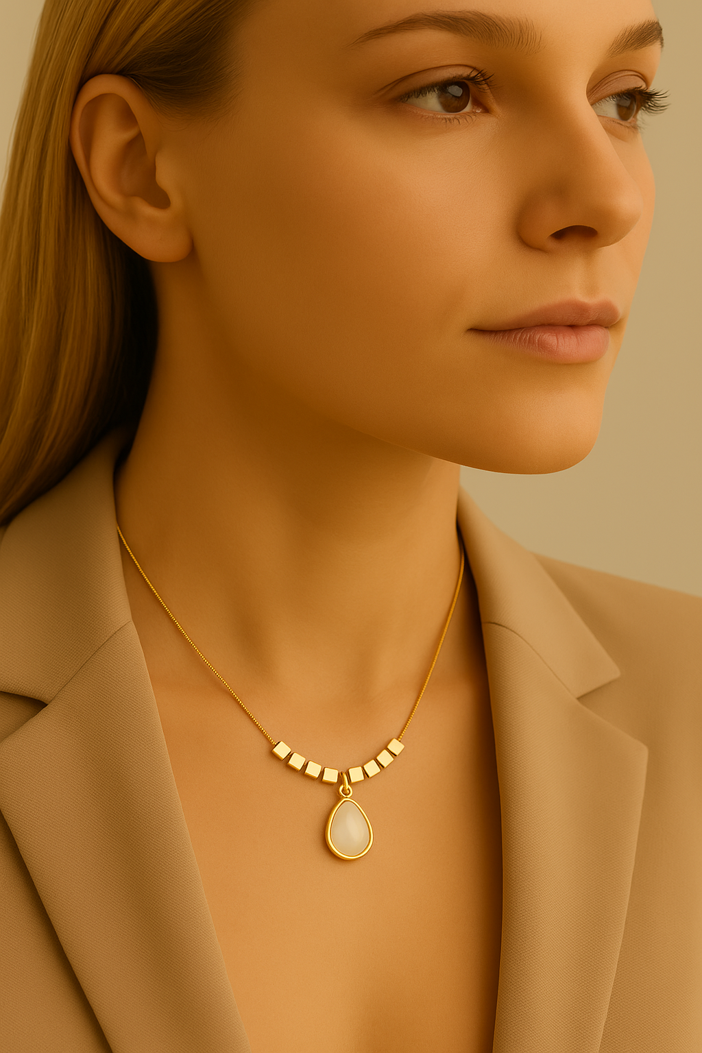 Gold Necklace with Pink Stone Pendant