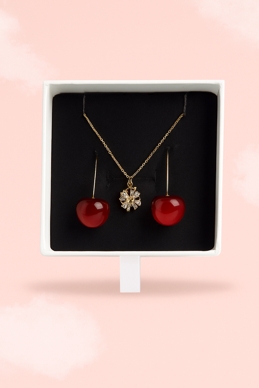 Spinning necklace with cherry earrings.
